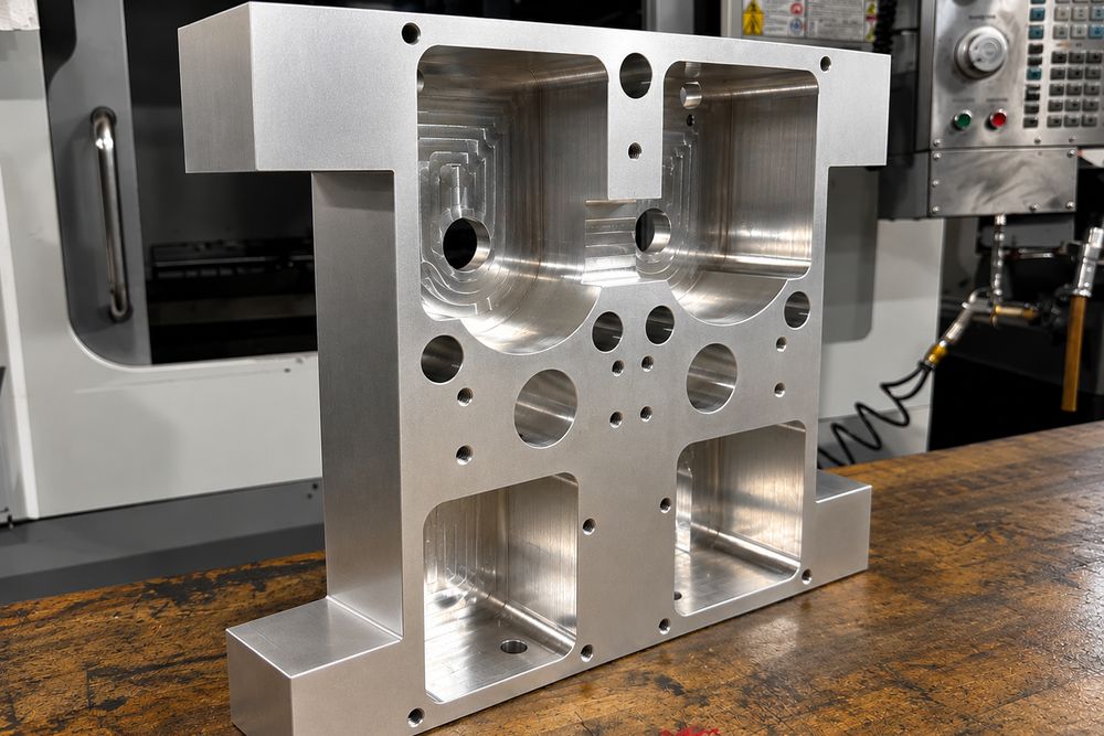 Großes gefrästes Aluminiumteil mit Taschen und Bohrungen