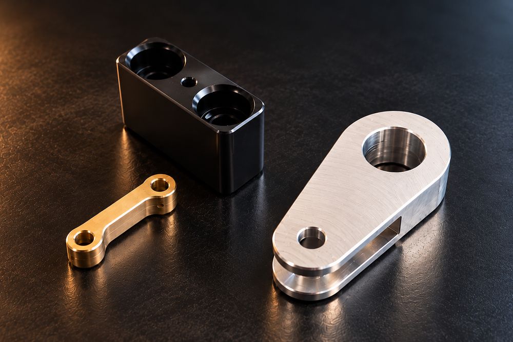 Drei gefräste Metallteile aus Aluminium, Messing und schwarz eloxiertem Aluminium